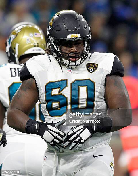 Jacksonville Jaguars offensive guard A.J. Cann is shown during the second half of an NFL football game against the Detroit Lions in Detroit, Michigan...