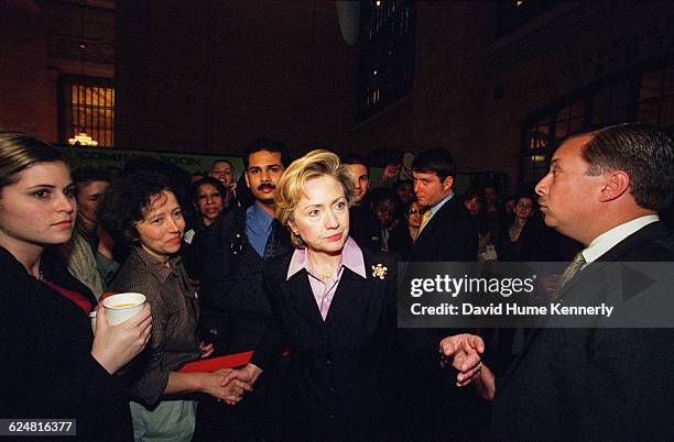 Former First Lady Hillary Clinton, who was running for the US Senate, at a debate with her Republican rival Rick Lazio on October 27, 2000.