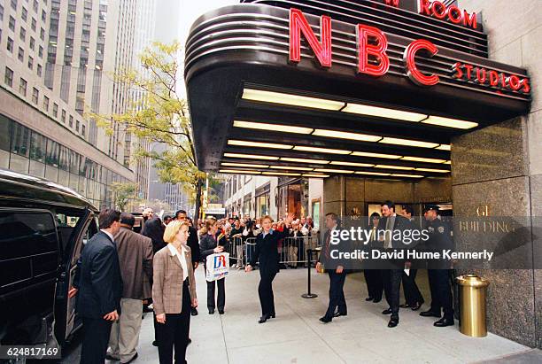 Former First Lady Hillary Clinton leaves NBC studios following a debate with Republican US Senate candidate Rick Lazio on October 27, 2000.