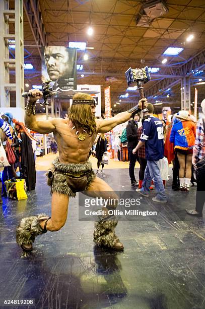Professional cosplayer dressed as Conan the Barbarian on day 2 of the November Birmingham MCM Comic Con at the National Exhibition Centre in...