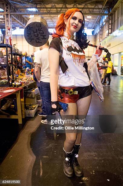 Cosplayer dressed as Harley Quinn on day 2 of the November Birmingham MCM Comic Con at the National Exhibition Centre in Birmingham, UK on November...