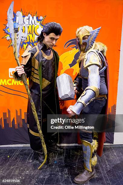 Cosplayers dressed as Loki and Thor on day 2 of the November Birmingham MCM Comic Con at the National Exhibition Centre in Birmingham, UK on November...