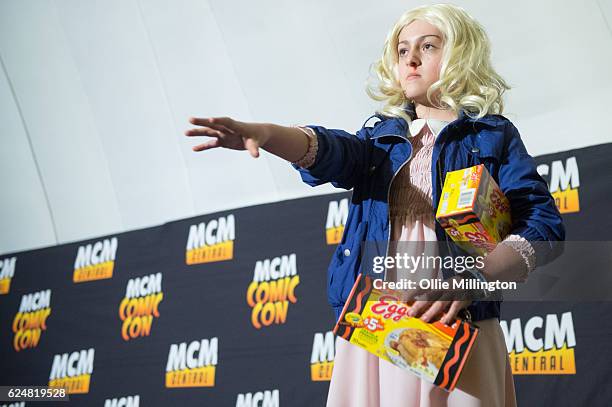 Cosplayer dressed as Eleven from Stranger Things on day 2 of the November Birmingham MCM Comic Con at the National Exhibition Centre in Birmingham,...