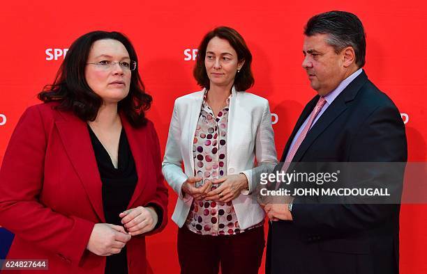 German Labour and Social Minister Andrea Nahles , Social Democratic Party Secretary General Katarina Barley and SPD leader Sigmar Gabriel attend a...