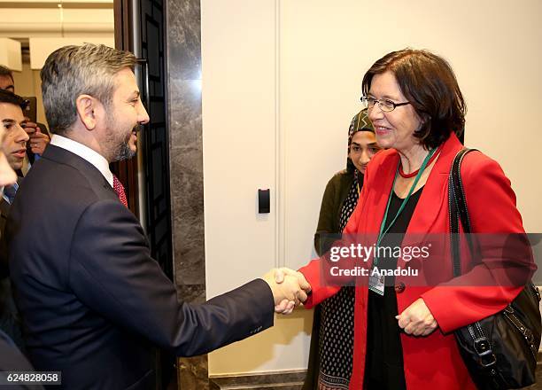 Deputy Speaker of the Turkey's Grand National Assembly Ahmet Aydin and President of the OSCE-PA Christine Muttonen shake hands after their meeting...