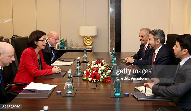 Deputy Speaker of the Turkey's Grand National Assembly Ahmet Aydin meets with President of the OSCE-PA Christine Muttonen during the NATO...