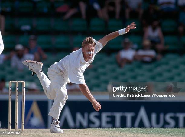 Andy Bichel bowling for Australia during the 5th Test match between Australia and West Indies at Perth, Australia, 2nd February 1997.