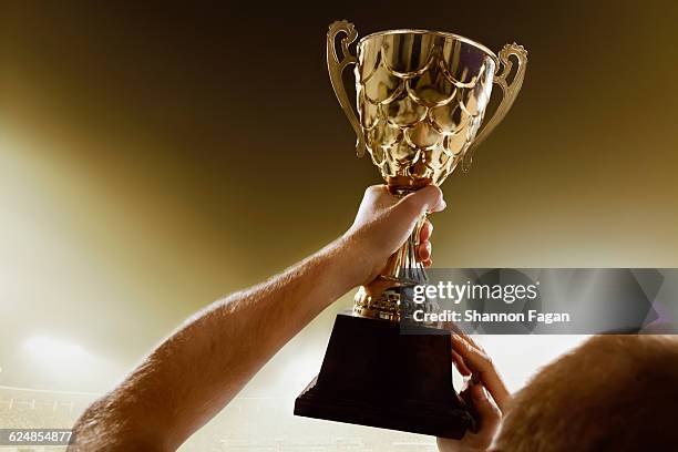 athlete holding a trophy cup in stadium - football trophy stock pictures, royalty-free photos & images