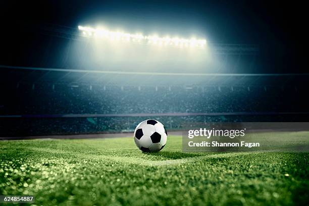 soccer ball in sports field in stadium at night - soccer field empty night imagens e fotografias de stock