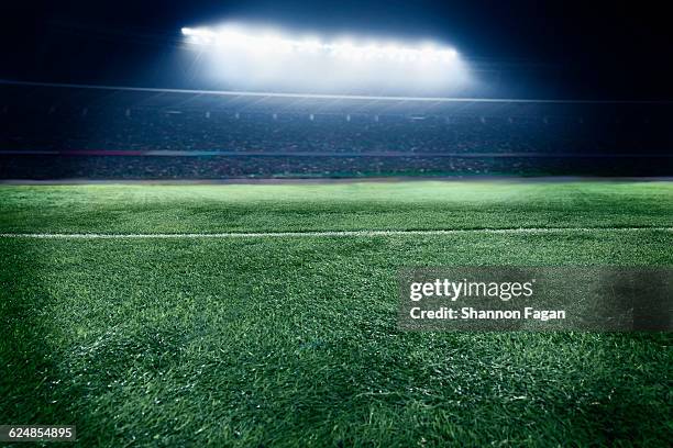 low angle view of sports field in stadium at night - empty stadium stock-fotos und bilder