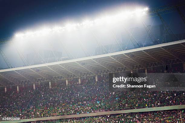 stadium filled with spectators at night - tribüne stock-fotos und bilder