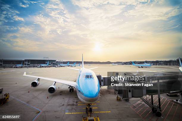 airplane parked at gate at sunset - aeroporto foto e immagini stock