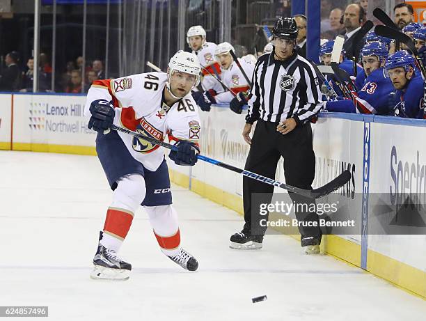 Jakub Kindl of the Florida Panthers skates against the New York Rangers at Madison Square Garden on November 20, 2016 in New York City. The Panthers...