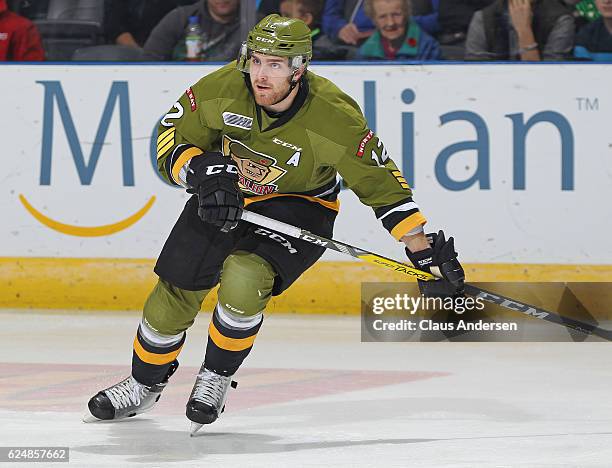 Brett McKenzie of the North Bay Battalion skates against the London Knights during an OHL game at the Budweiser Gardens on November 18, 2016 in...