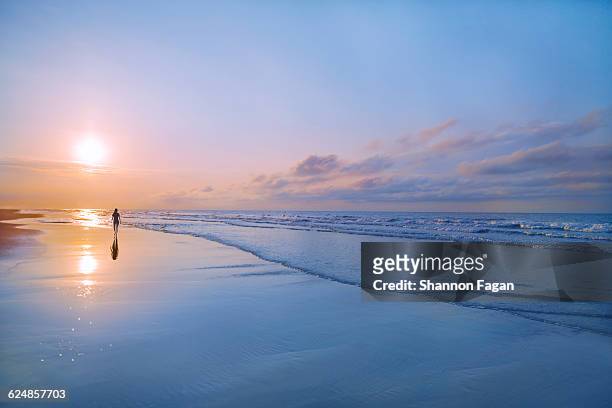person walking on beach at sunrise - wasserrand stock-fotos und bilder