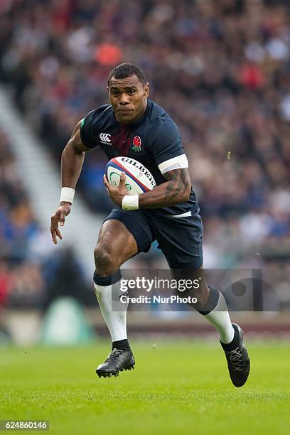 Semesa Rokoduguni of England runs with the ball during Old Mutual Wealth Series between England and Fiji played at Twickenham Stadium, London,...