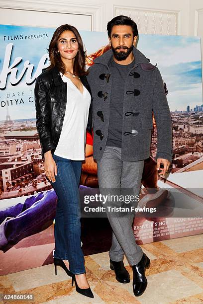 Vaani Kapoor and Ranveer Singh attend a photocall for Bollywood film "Befikre" on November 21, 2016 in London, United Kingdom.