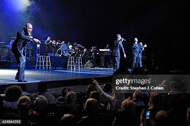 Abdul "Duke" Fakir, Ronnie McNeir, Lawrence Payton Jr. , and ,Harold Bonhart of The Four Tops performs at Whitney Hall on November 20, 2016 in...