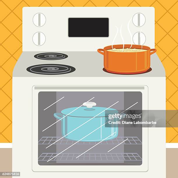küchenherd mit einem topf suppe kochen - gasflamme stock-grafiken, -clipart, -cartoons und -symbole