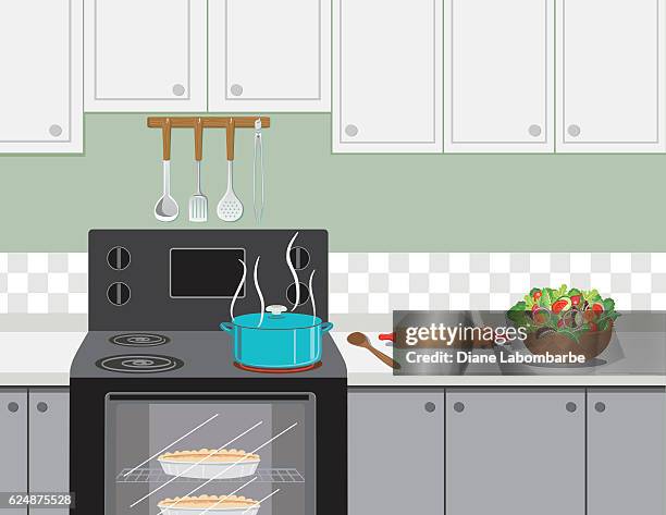 kitchen stove with a pot of soup cooking - ladle stock illustrations