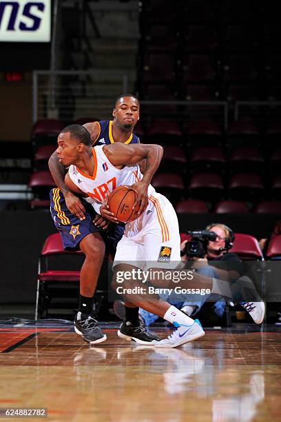 Elijah Millsap of the Northern Arizona Suns handles the ball against the Salt Lake City Stars on November 19 at Precott Valley Event Center in...