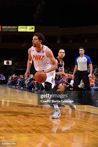 Michael Bryson of the Northern Arizona Suns handles the ball against the Salt Lake City Stars on November 19 at Precott Valley Event Center in...