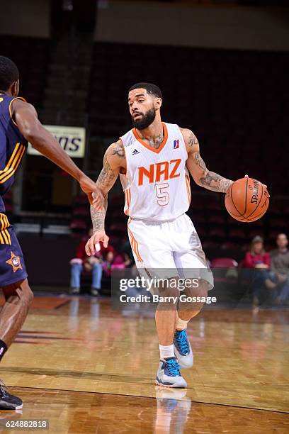 Josh Gray of the Northern Arizona Suns handles the ball against the Salt Lake City Stars on November 19 at Precott Valley Event Center in Prescott...