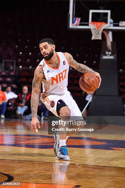 Josh Gray of the Northern Arizona Suns handles the ball against the Salt Lake City Stars on November 19 at Precott Valley Event Center in Prescott...