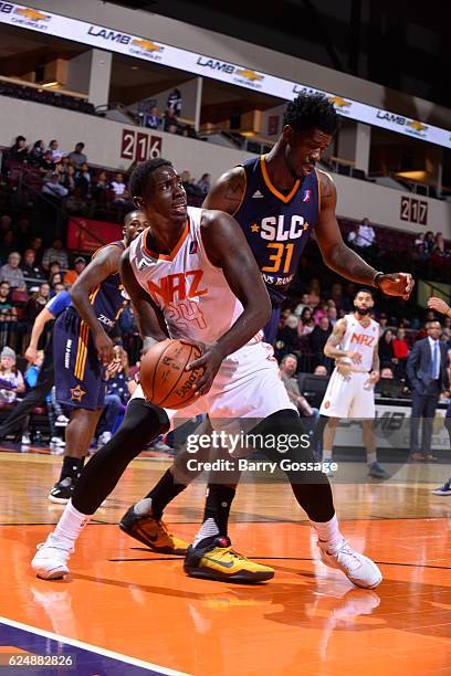 Johnny O'Bryant III of the Northern Arizona Suns handles the ball against the Salt Lake City Stars on November 19 at Precott Valley Event Center in...