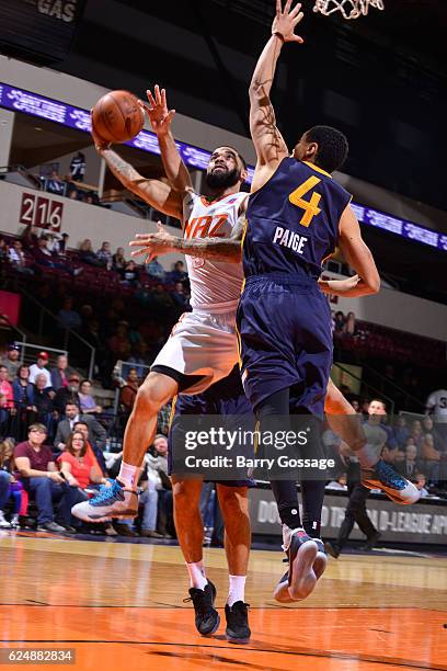Josh Gray of the Northern Arizona Suns drives to the basket against the Salt Lake City Stars on November 19 at Precott Valley Event Center in...