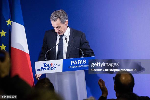 Former French President and presidential candidate hopeful Nicolas Sarkozy speaks after the first round of voting in the Republican Party's primary...