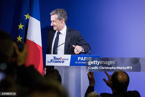 Former French President and presidential candidate hopeful Nicolas Sarkozy speaks after the first round of voting in the Republican Party's primary...