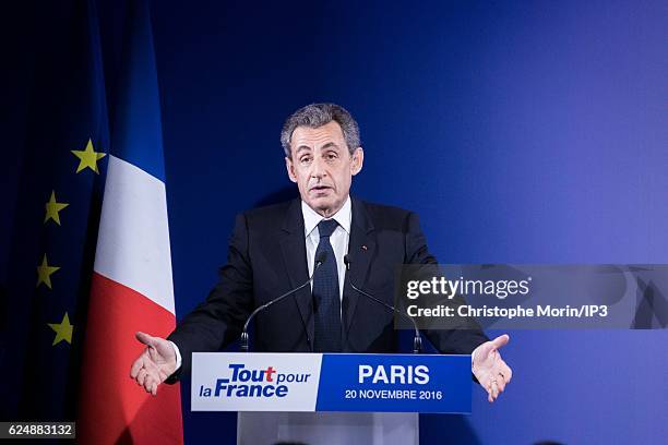 Former French President and presidential candidate hopeful Nicolas Sarkozy speaks after the first round of voting in the Republican Party's primary...