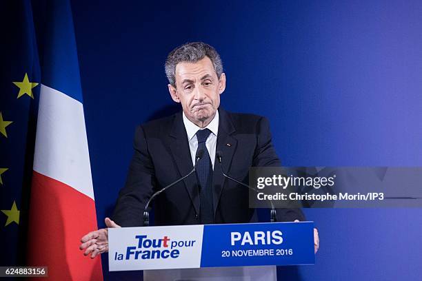 Former French President and presidential candidate hopeful Nicolas Sarkozy speaks after the first round of voting in the Republican Party's primary...