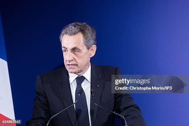 Former French President and presidential candidate hopeful Nicolas Sarkozy speaks after the first round of voting in the Republican Party's primary...