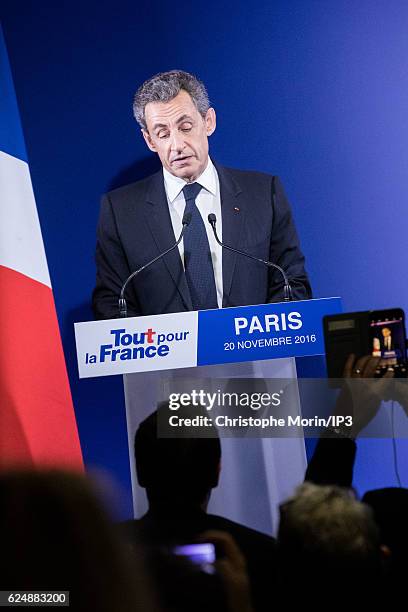 Former French President and presidential candidate hopeful Nicolas Sarkozy speaks after the first round of voting in the Republican Party's primary...