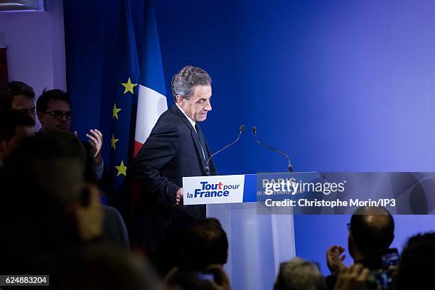 Former French President and presidential candidate hopeful Nicolas Sarkozy speaks after the first round of voting in the Republican Party's primary...