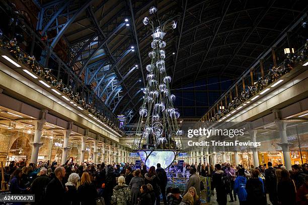 St Pancras Station unveils it's Cirque du Soleil 'Amaluna' Christmas tree on November 21, 2016 in London, United Kingdom.