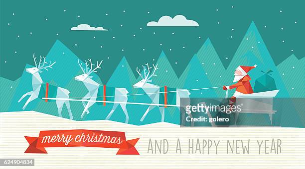 abstract polygonal illustration of santa sleigh in winter landscape - cartoon santa claus 幅插畫檔、美工圖案、卡通及圖標