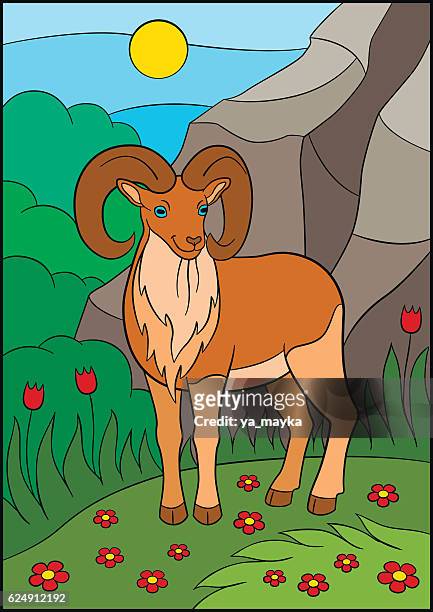 Animales De Dibujos Animados Lindo Hermoso Urial Con Grandes Cuernos  Ilustración de stock - Getty Images