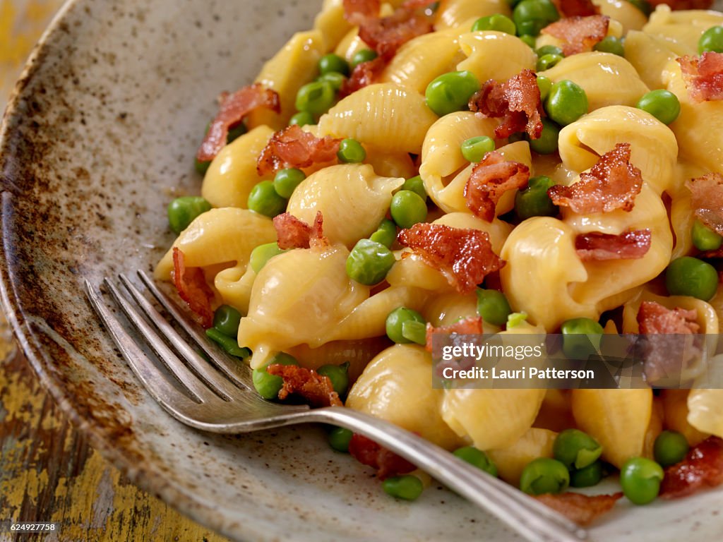 Creamy Shells and Cheese Carbonara with Peas