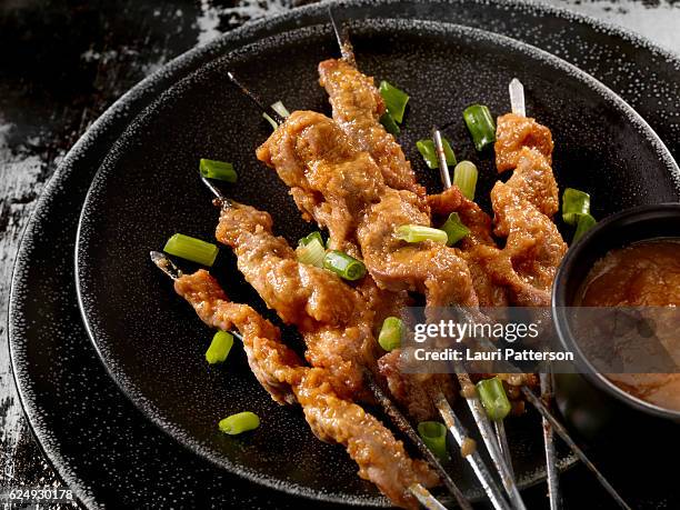 pork satay with peanut sauce - satay stock pictures, royalty-free photos & images
