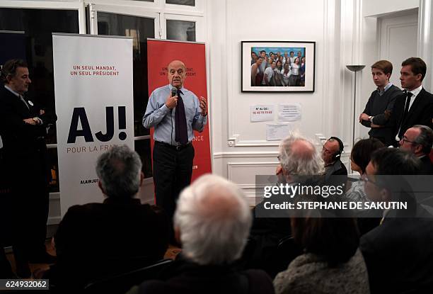 Candidate for the French right-wing presidential primary Alain Juppe delivers a speech at his campaign headquarters following the vote's first round,...