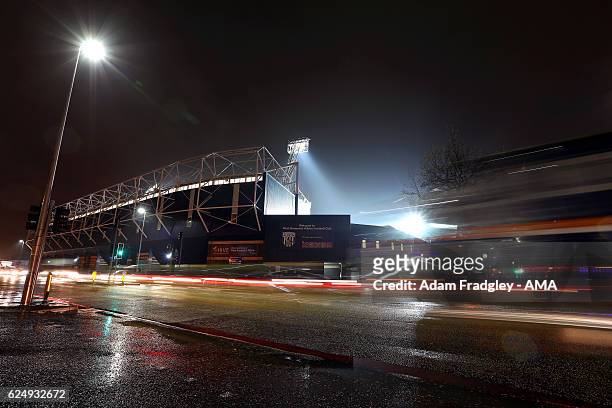 General view of the Hawthorns, the home stadium of West Bromwich Albion at night in the rain with the trails of car lights driving past prior to the...