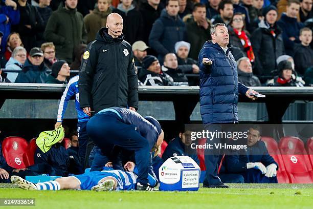 Caretaker Erwin Vloedgraven of PEC Zwolle, Bart Schenkeveld of PEC Zwolle, coach Ron Jans of PEC Zwolleduring the Dutch Eredivisie match between...