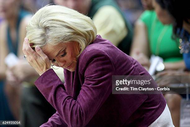 Baylor Head coach Kim Mulkey on the sideline during her sides loss during the UConn Huskies Vs Baylor Bears NCAA Women's Basketball game at Gampel...