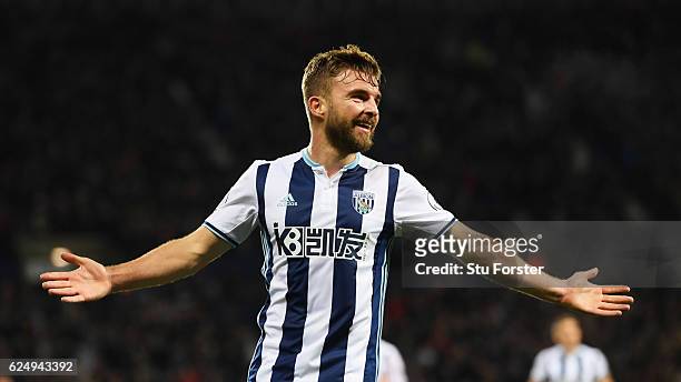 James Morrison of West Bromwich Albion celebrates as he scores their second goal during the Premier League match between West Bromwich Albion and...