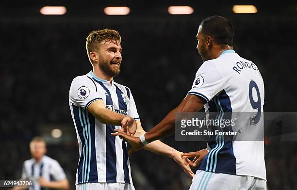 James Morrison of West Bromwich Albion celebrates with Jose Salomon Rondon as he scores their second goal during the Premier League match between...