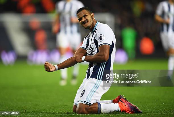 Jose Salomon Rondon of West Bromwich Albion celebrates as he scores their fourth goal during the Premier League match between West Bromwich Albion...