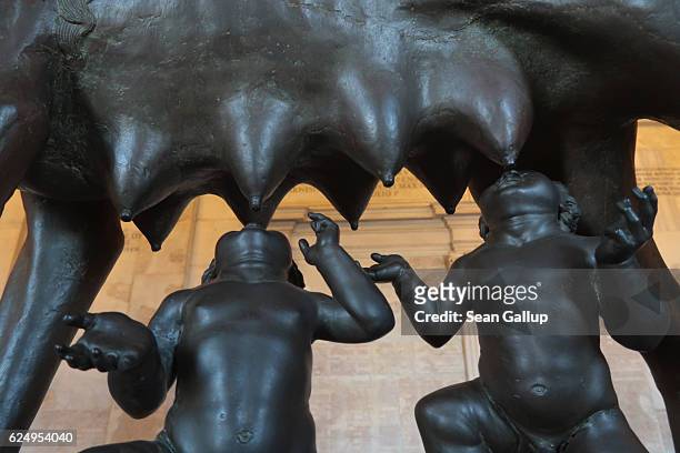 The sculpture of Romulus and Remus suckling at a she-wolf stands in the Musei Capitolini on October 30, 2016 in Rome, Italy. Rome is among Europe's...